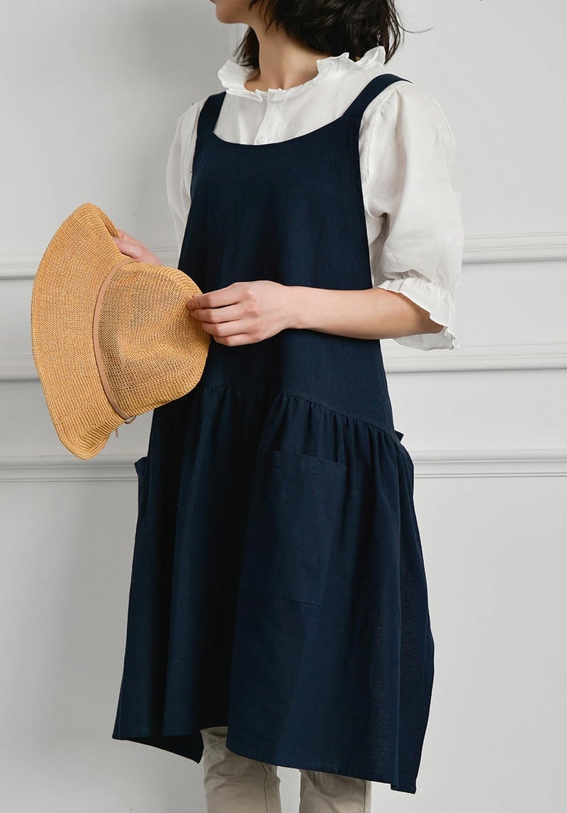 NEWGEM Cotton Linen Cross Back Apron for Women with Pockets for Cooking Baking Navy Blue with Waist Ties - Image 3